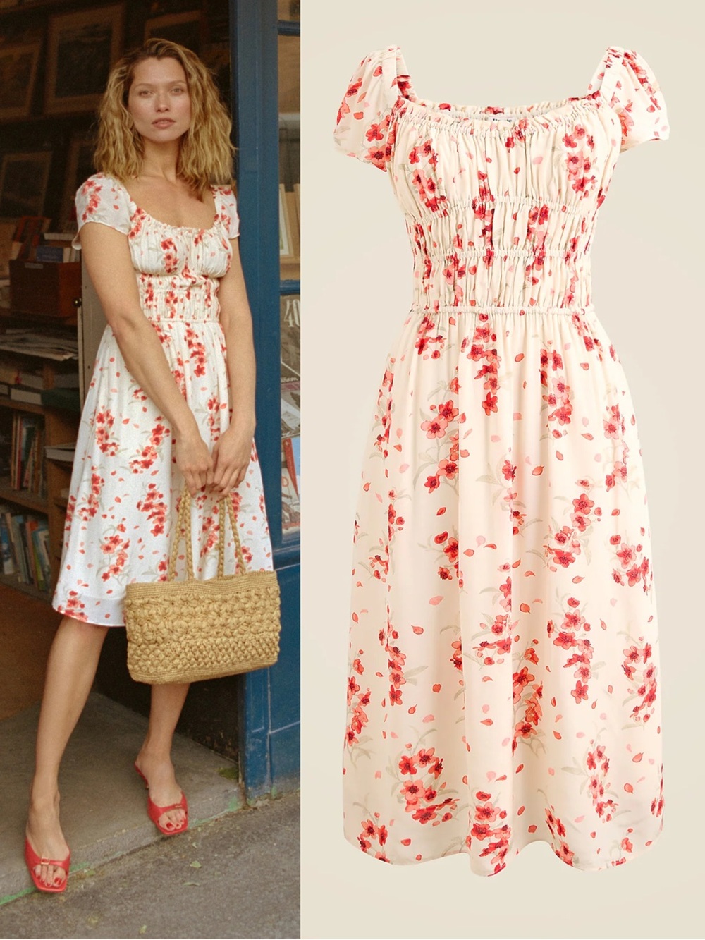 ROUJE x J. CREW NWT Cream & Red Floral Printed Smocked Reverie Midi Dress